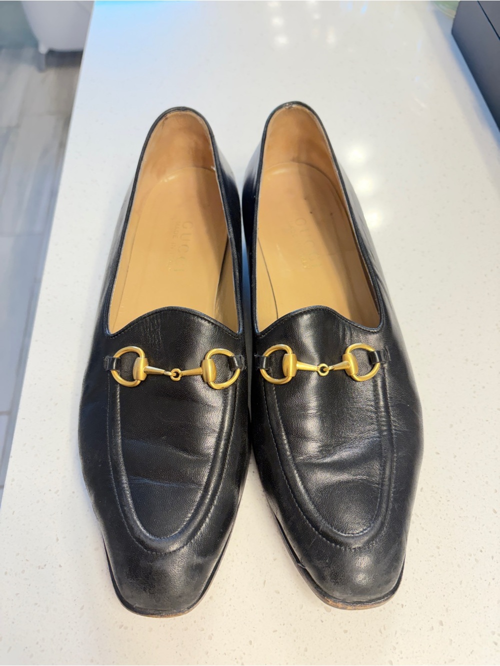 Vintage Gucci 1980s Black Leather Horsebit Loafers Gold 39